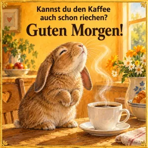 Hase schnuppert mit geschlossenen Augen am Kaffeeduft, Text: Kannst du den Kaffee auch schon riechen? Guten Morgen!