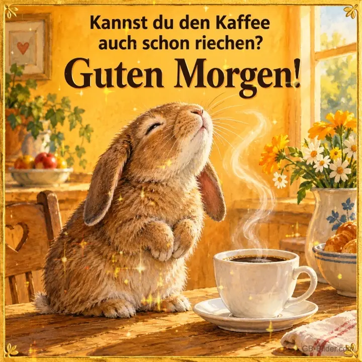 Hase schnuppert mit geschlossenen Augen am Kaffeeduft, Text: Kannst du den Kaffee auch schon riechen? Guten Morgen!