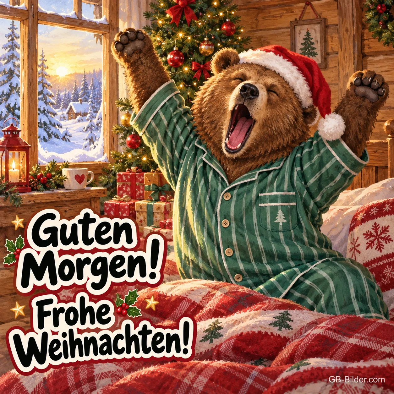 Bär im Schlafanzug mit Weihnachtsmütze gähnt und streckt sich im Bett, Text: Guten Morgen! – Frohe Weihnachten! Bär im Schlafanzug mit Weihnachtsmütze gähnt und streckt sich im Bett, Text: Guten Morgen! – Frohe Weihnachten!
