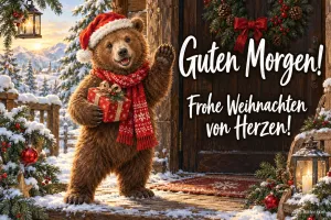 Bär mit Weihnachtsmütze und Geschenk winkt vor einer Haustür, Text: Guten Morgen! – Frohe Weihnachten von Herzen!