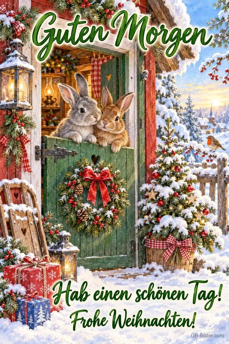 Zwei Hasen schauen aus einer Stalltür mit Kranz im Schnee, Text: Guten Morgen – Hab einen schönen Tag! Frohe Weihnachten!
