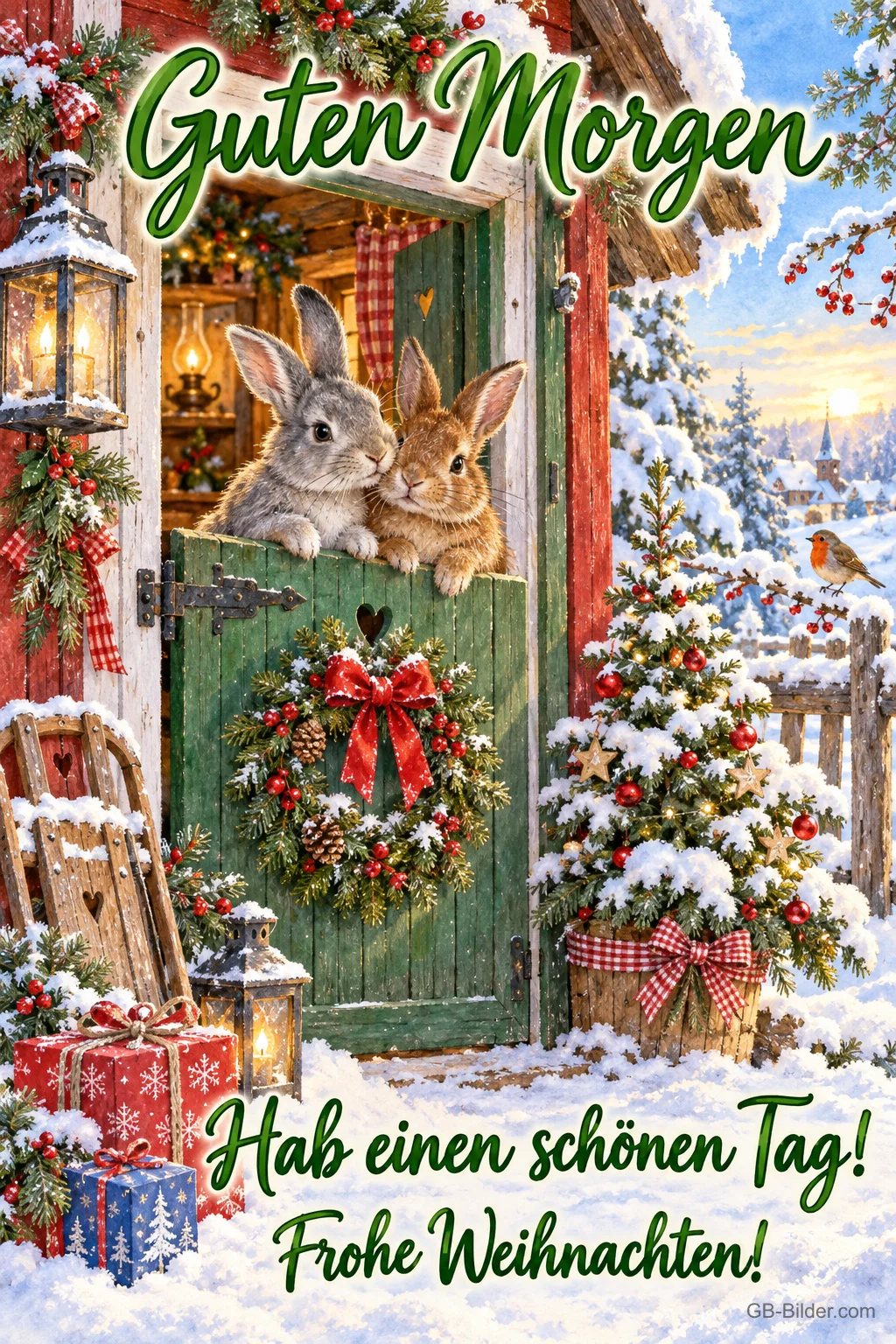 Zwei Hasen schauen aus einer Stalltür mit Kranz im Schnee, Text: Guten Morgen – Hab einen schönen Tag! Frohe Weihnachten! Zwei Hasen schauen aus einer Stalltür mit Kranz im Schnee, Text: Guten Morgen – Hab einen schönen Tag! Frohe Weihnachten!