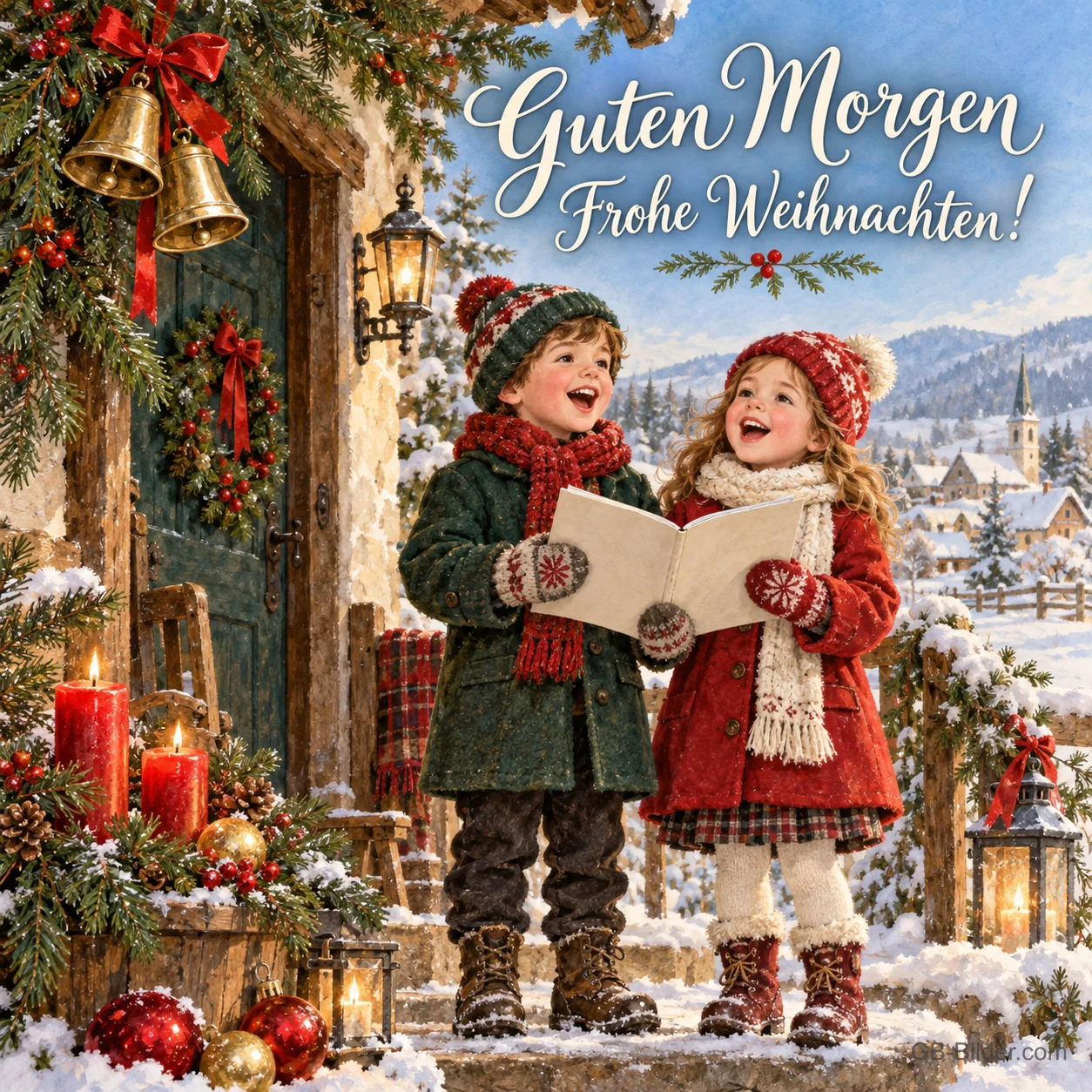 Zwei Kinder singen aus einem Liederbuch vor einer Haustür, Text: Guten Morgen – Frohe Weihnachten! Zwei Kinder singen aus einem Liederbuch vor einer Haustür, Text: Guten Morgen – Frohe Weihnachten!