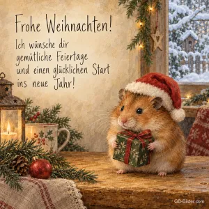 Hamster mit Weihnachtsmütze und Geschenk, Text: Frohe Weihnachten und einen glücklichen Start ins neue Jahr!