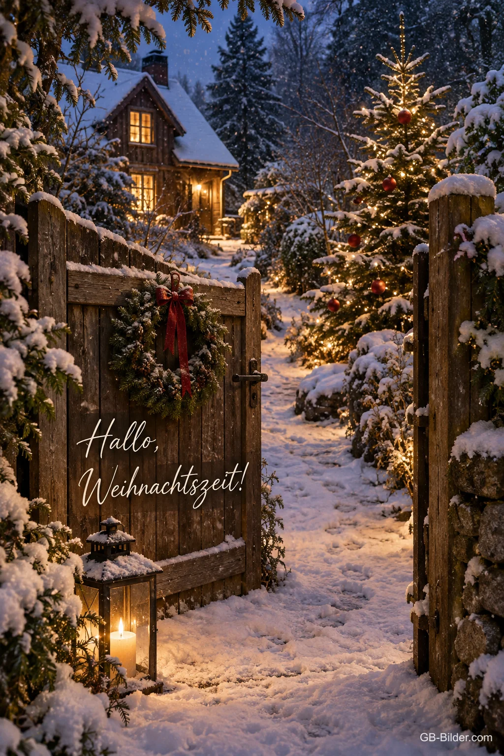 Offenes Holztor mit Kranz vor beleuchtetem Haus im Schnee, Text: Hallo, Weihnachtszeit!