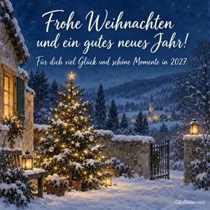 Beleuchteter Tannenbaum im verschneiten Bergdorf, Text: Frohe Weihnachten und ein gutes neues Jahr!
