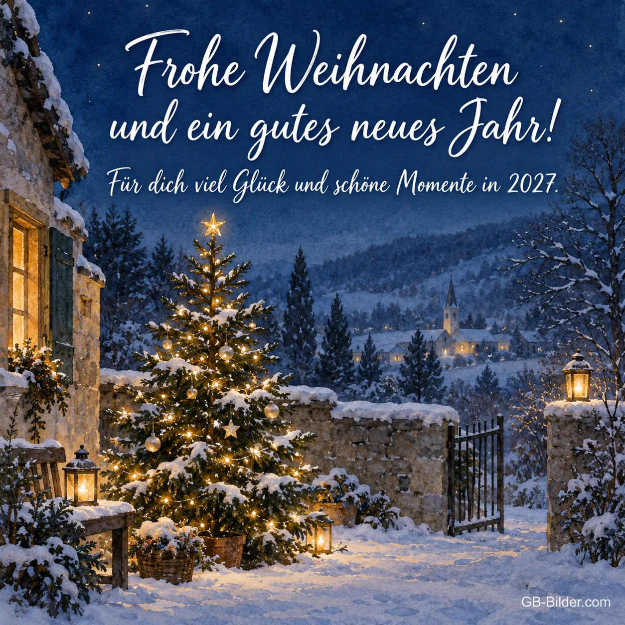Beleuchteter Tannenbaum im verschneiten Bergdorf, Text: Frohe Weihnachten und ein gutes neues Jahr! Beleuchteter Tannenbaum im verschneiten Bergdorf, Text: Frohe Weihnachten und ein gutes neues Jahr!