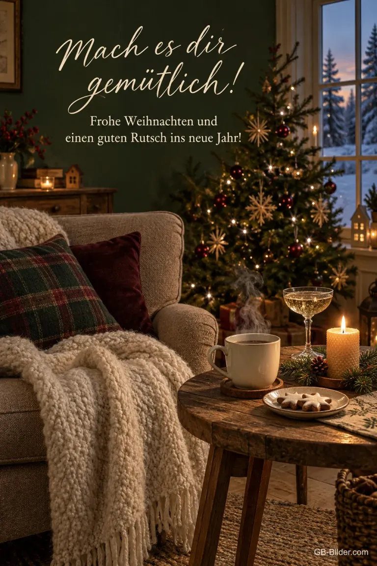 Sessel mit Decke und Sektglas am Weihnachtsbaum, Text: Frohe Weihnachten und einen guten Rutsch ins neue Jahr!