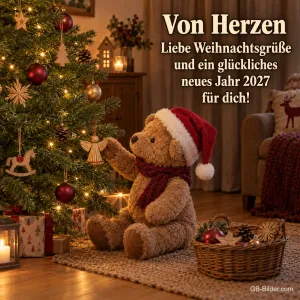 Teddybär schmückt den Weihnachtsbaum, Text: Liebe Weihnachtsgrüße und ein glückliches neues Jahr 2027