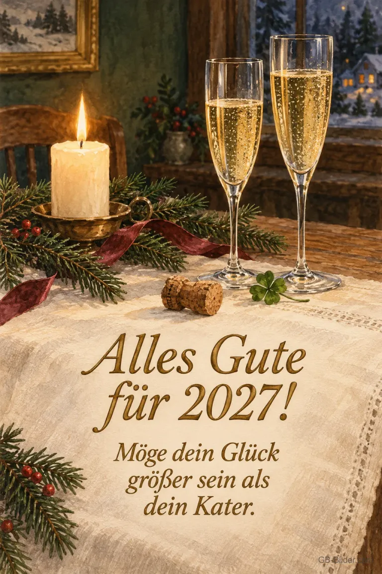 Sektgläser und Kerze auf festlicher Tafel, Text: Alles Gute für 2027! Möge dein Glück größer sein als dein Kater.