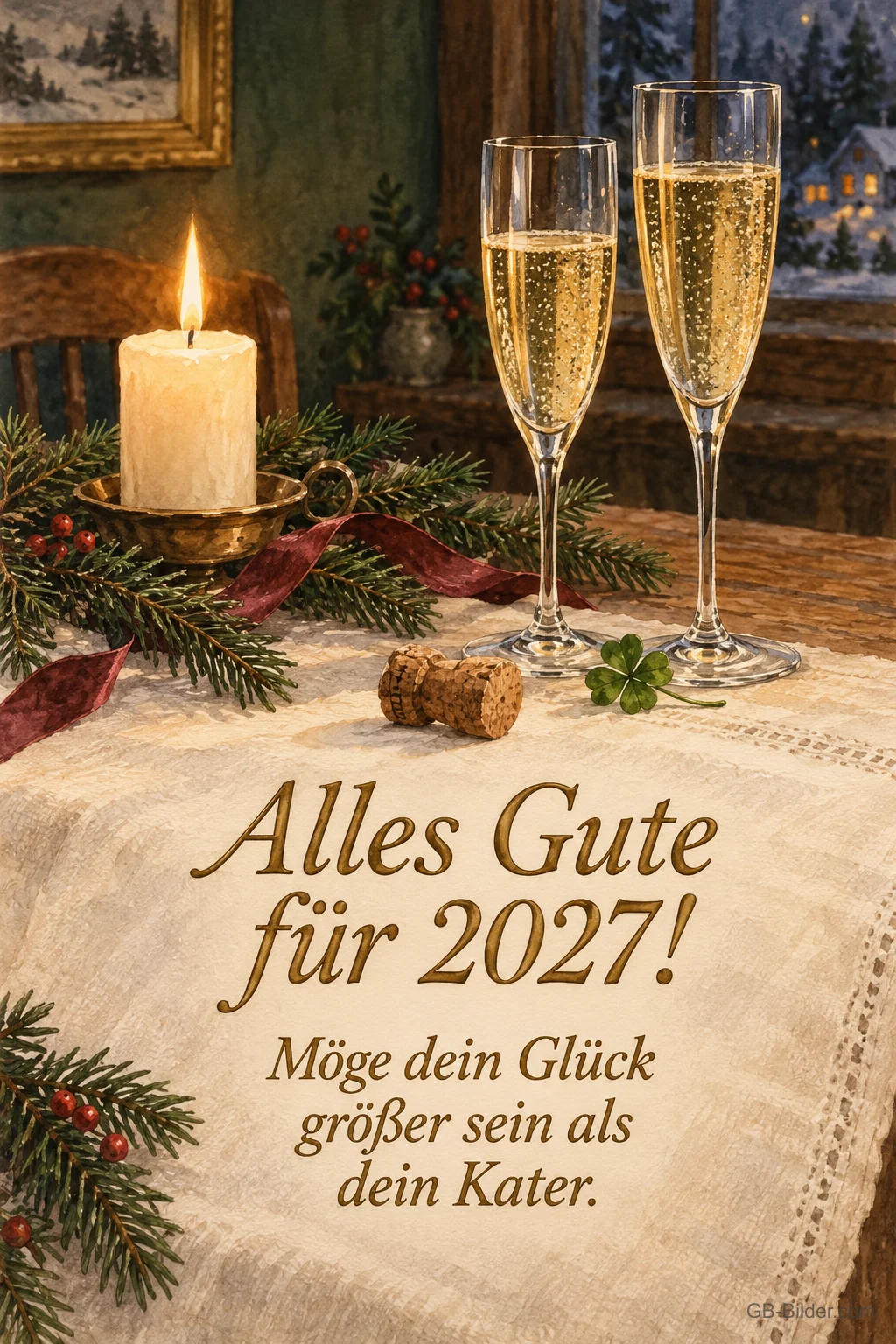 Sektgläser und Kerze auf festlicher Tafel, Text: Alles Gute für 2027! Möge dein Glück größer sein als dein Kater.