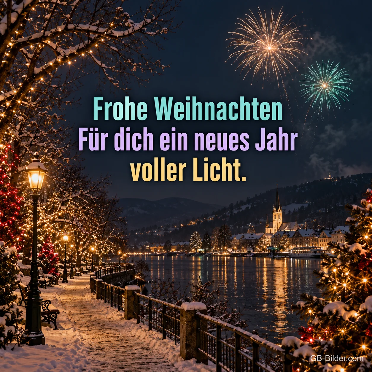 Feuerwerk über verschneiter Uferpromenade, Text: Frohe Weihnachten – Für dich ein neues Jahr voller Licht.