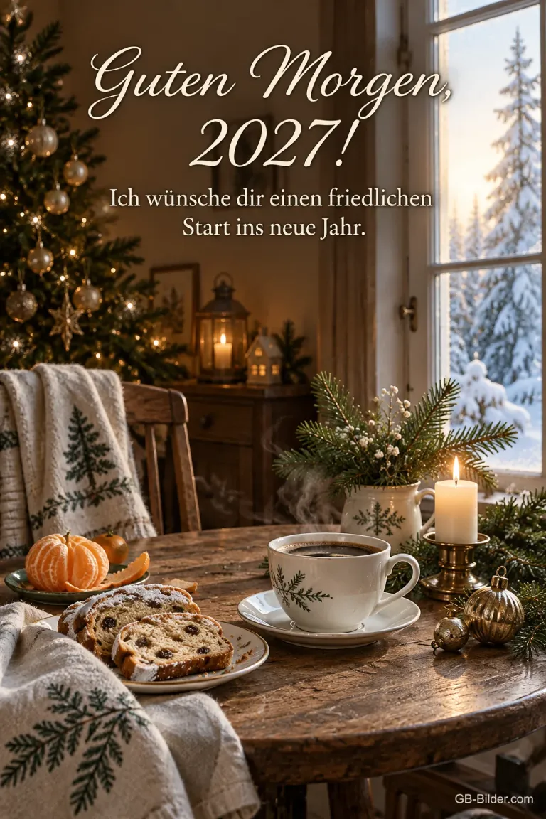 Frühstückstisch mit Kaffee und Stollen am Winterfenster, Text: Guten Morgen, 2027!