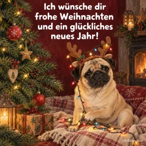 Mops mit Rentiergeweih vor dem Weihnachtsbaum, Text: Frohe Weihnachten und ein glückliches neues Jahr!
