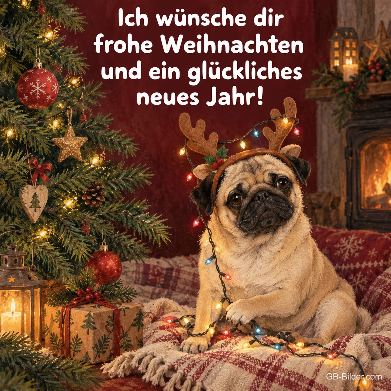 Mops mit Rentiergeweih vor dem Weihnachtsbaum, Text: Frohe Weihnachten und ein glückliches neues Jahr!