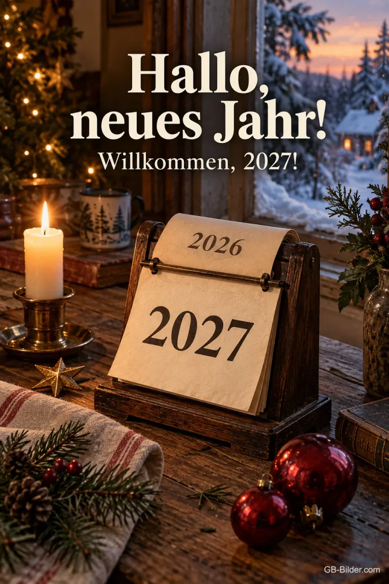 Tischkalender mit 2027 neben Kerze und Christbaumkugeln, Text: Hallo, neues Jahr! Willkommen, 2027!