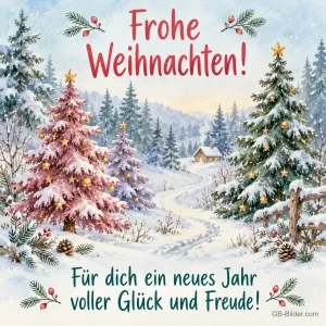 Verschneite Tannen in Aquarell, Text: Frohe Weihnachten! Für dich ein neues Jahr voller Glück und Freude!