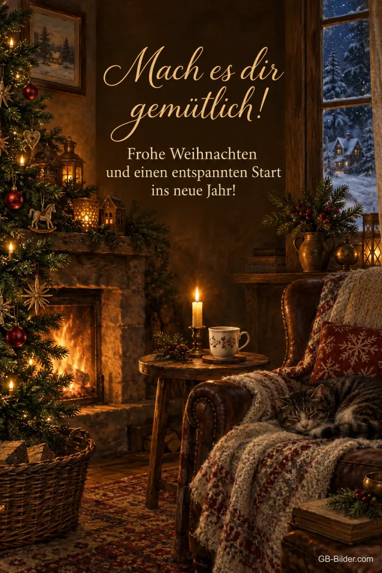 Gemütliches Wohnzimmer mit Kamin und Weihnachtsbaum, Text: Frohe Weihnachten und einen entspannten Start ins neue Jahr!