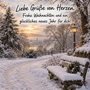 Verschneite Bank mit Kranz am Winterweg, Text: Frohe Weihnachten und ein glückliches neues Jahr!