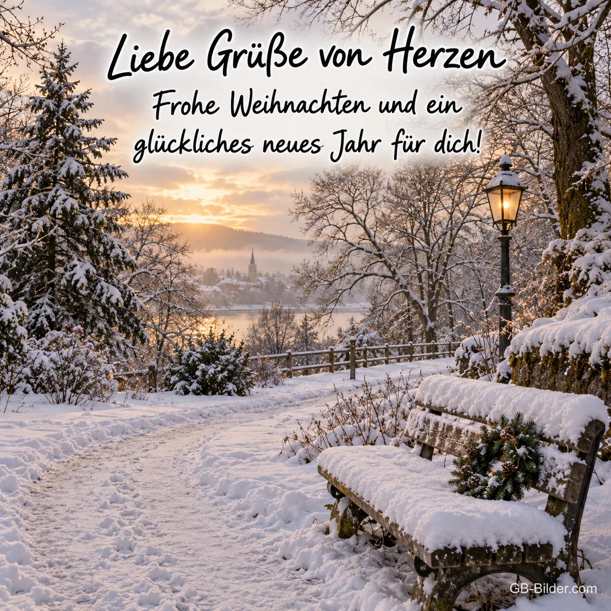 Verschneite Bank mit Kranz am Winterweg, Text: Frohe Weihnachten und ein glückliches neues Jahr! Verschneite Bank mit Kranz am Winterweg, Text: Frohe Weihnachten und ein glückliches neues Jahr!