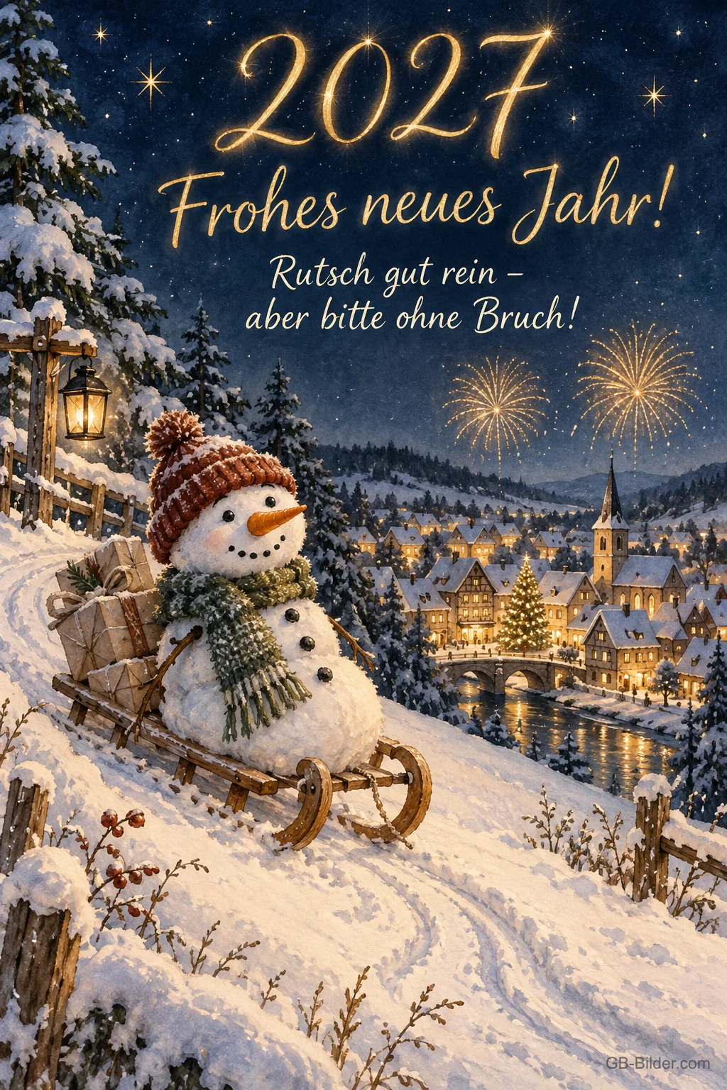 Schneemann auf dem Schlitten über einem Dorf mit Feuerwerk, Text: 2027 – Frohes neues Jahr! Rutsch gut rein – aber bitte ohne Bruch!