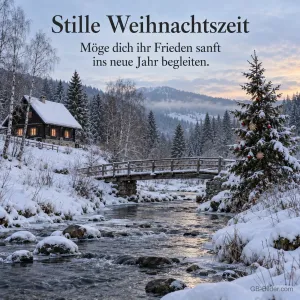 Bach mit Holzbrücke und verschneiter Hütte, Text: Stille Weihnachtszeit