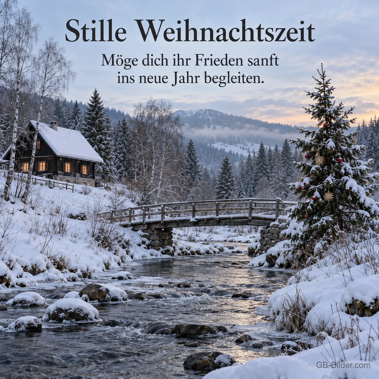 Bach mit Holzbrücke und verschneiter Hütte, Text: Stille Weihnachtszeit