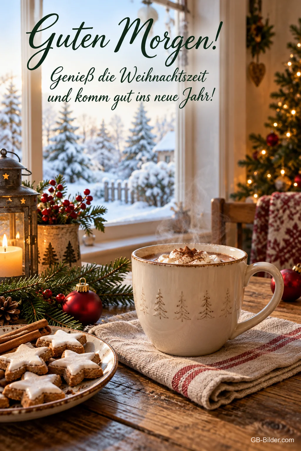 Kakao und Zimtsterne am Winterfenster, Text: Guten Morgen! Genieß die Weihnachtszeit und komm gut ins neue Jahr!