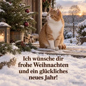 Katze auf verschneiter Veranda neben Tannenbaum, Text: Frohe Weihnachten und ein glückliches neues Jahr!