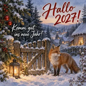 Fuchs vor einem Gartentor im verschneiten Dorf, Text: Hallo 2027! Komm gut ins neue Jahr!