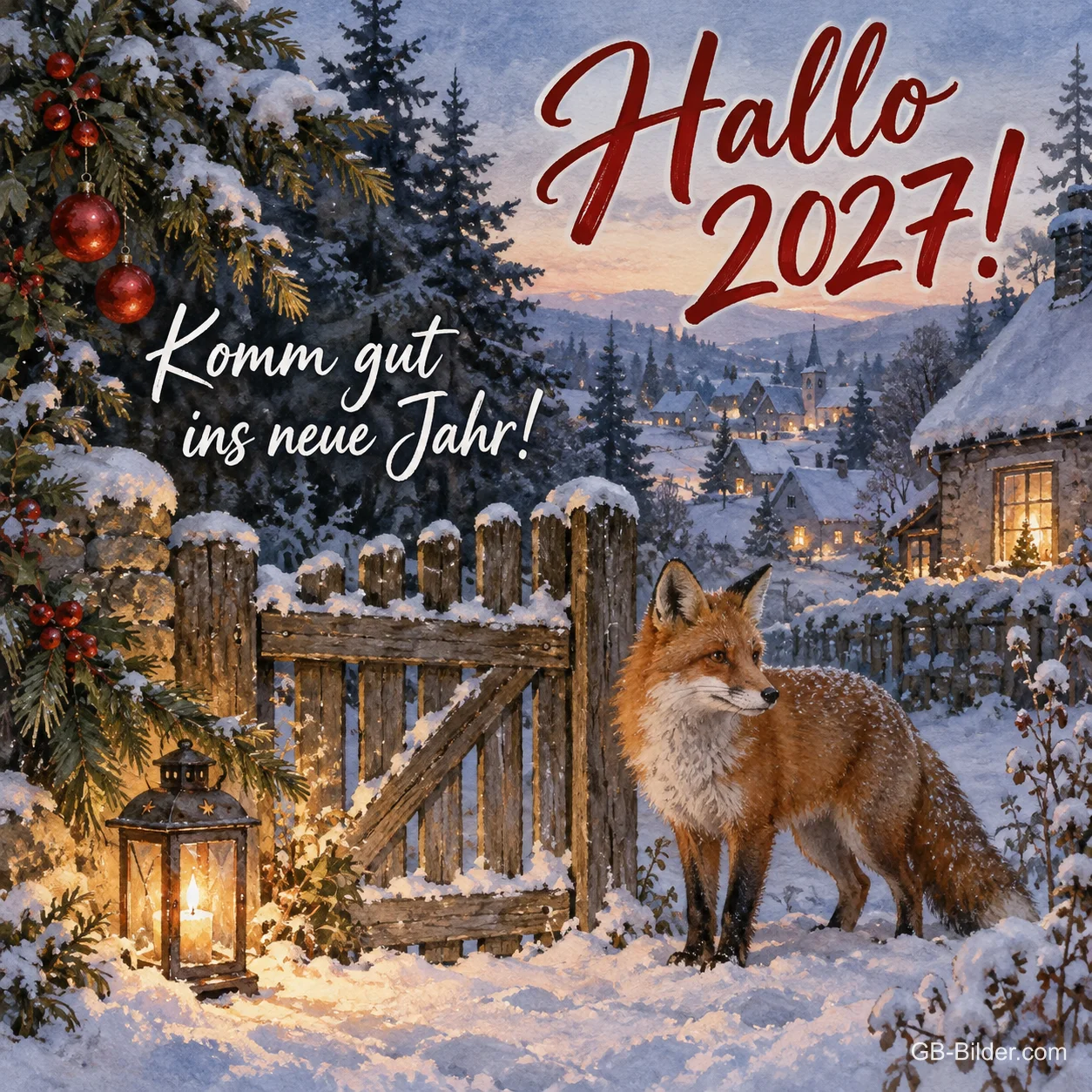 Fuchs vor einem Gartentor im verschneiten Dorf, Text: Hallo 2027! Komm gut ins neue Jahr!