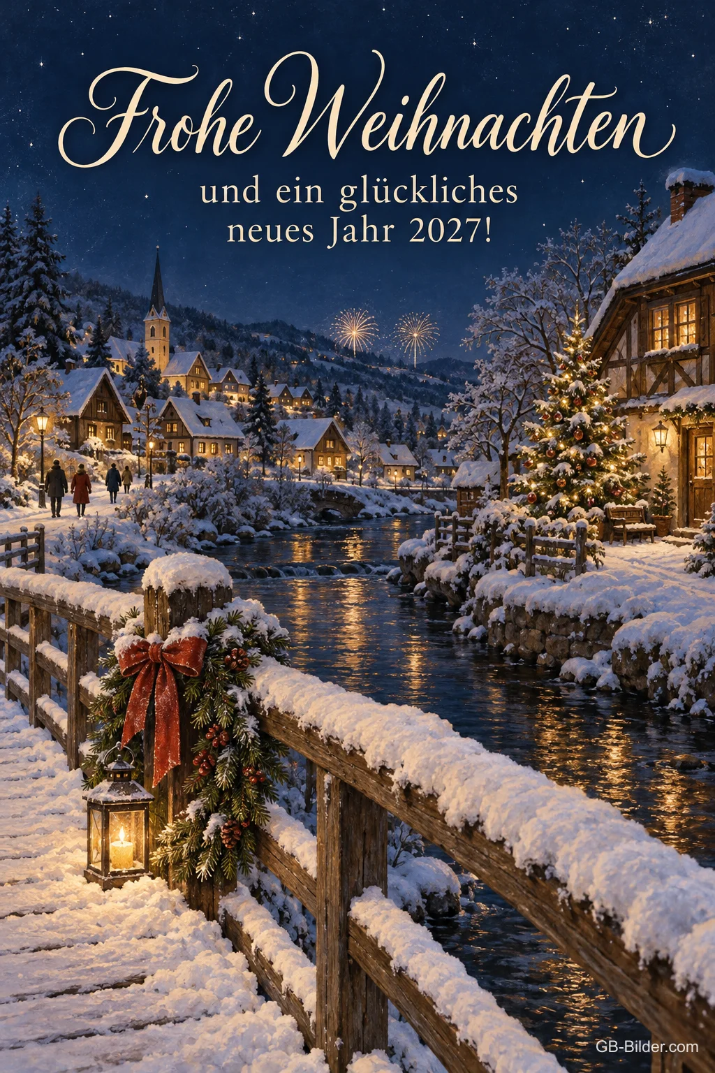 Verschneite Brücke mit Kranz vor beleuchtetem Dorf, Text: Frohe Weihnachten und ein glückliches neues Jahr 2027! Verschneite Brücke mit Kranz vor beleuchtetem Dorf, Text: Frohe Weihnachten und ein glückliches neues Jahr 2027!
