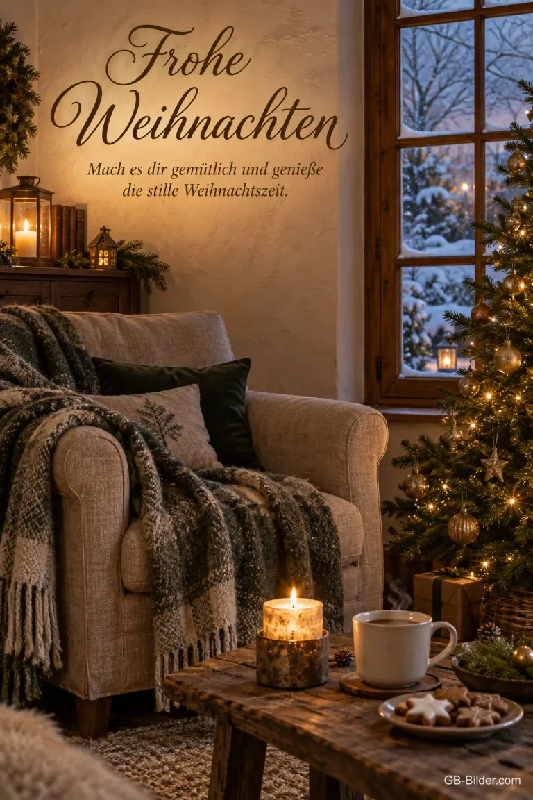 Gemütlicher Sessel mit Kerze und Tasse, Text: Frohe Weihnachten
