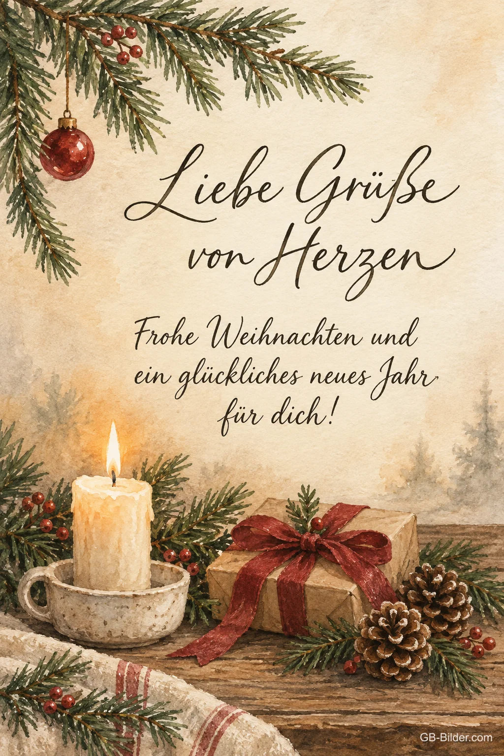 Kerze, Geschenk und Tannenzapfen in Aquarell, Text: Liebe Grüße von Herzen – Frohe Weihnachten und ein glückliches neues Jahr! Kerze, Geschenk und Tannenzapfen in Aquarell, Text: Liebe Grüße von Herzen – Frohe Weihnachten und ein glückliches neues Jahr!