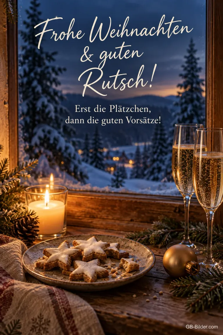 Zimtsterne und Sektgläser am Winterfenster, Text: Frohe Weihnachten und guten Rutsch! Erst die Plätzchen, dann die guten Vorsätze!
