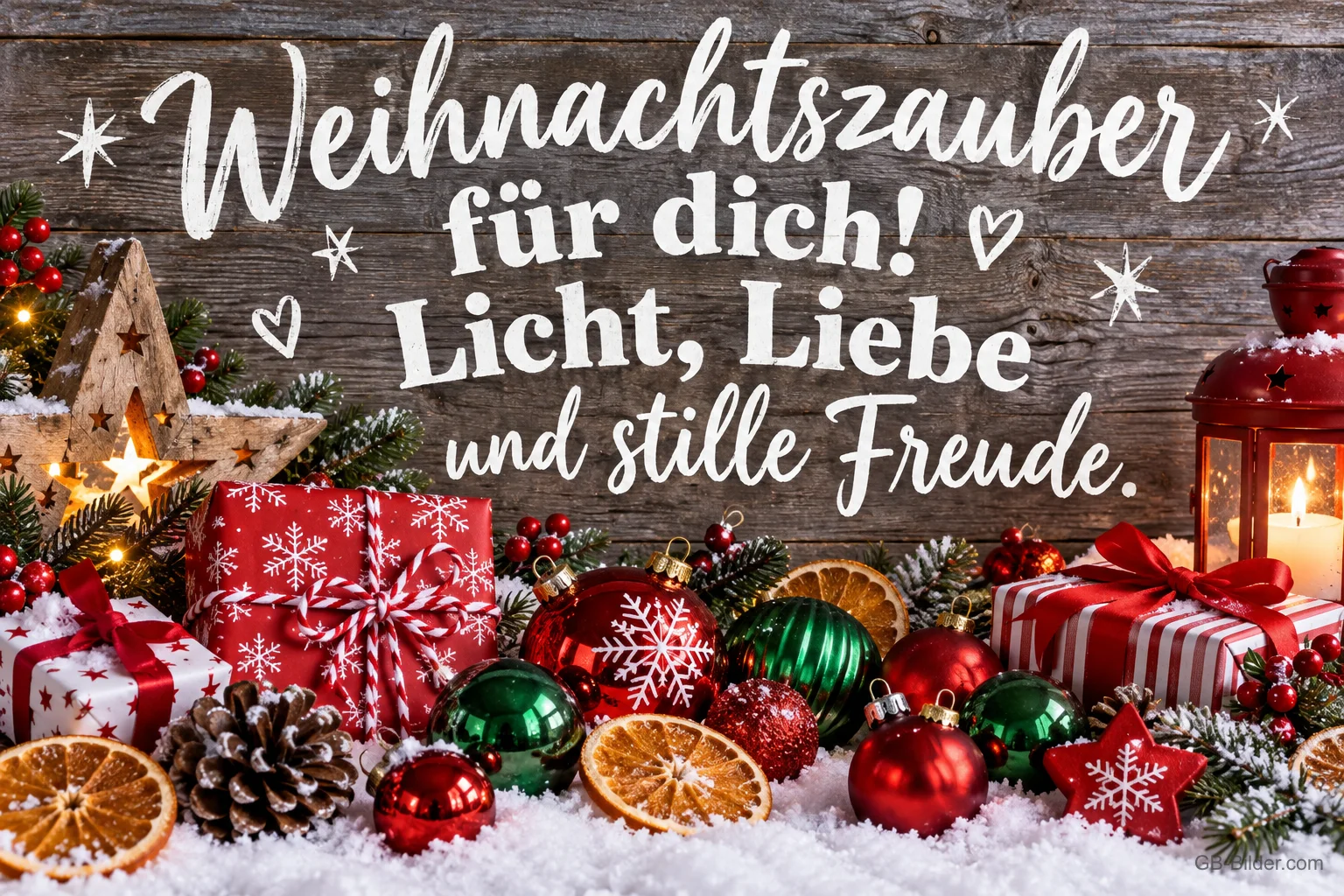 Weihnachtskugeln, Geschenke, Orangenscheiben und Laterne im Schnee vor Holzwand, Text: Weihnachtszauber für dich! Licht, Liebe und stille Freude.