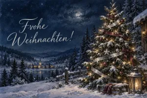 Beleuchteter Weihnachtsbaum vor einem verschneiten Tal bei Nacht, Text: Frohe Weihnachten!