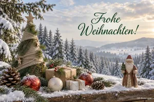 Holzbaum, Geschenke und Weihnachtsmannfigur vor verschneiten Tannen, Text: Frohe Weihnachten!