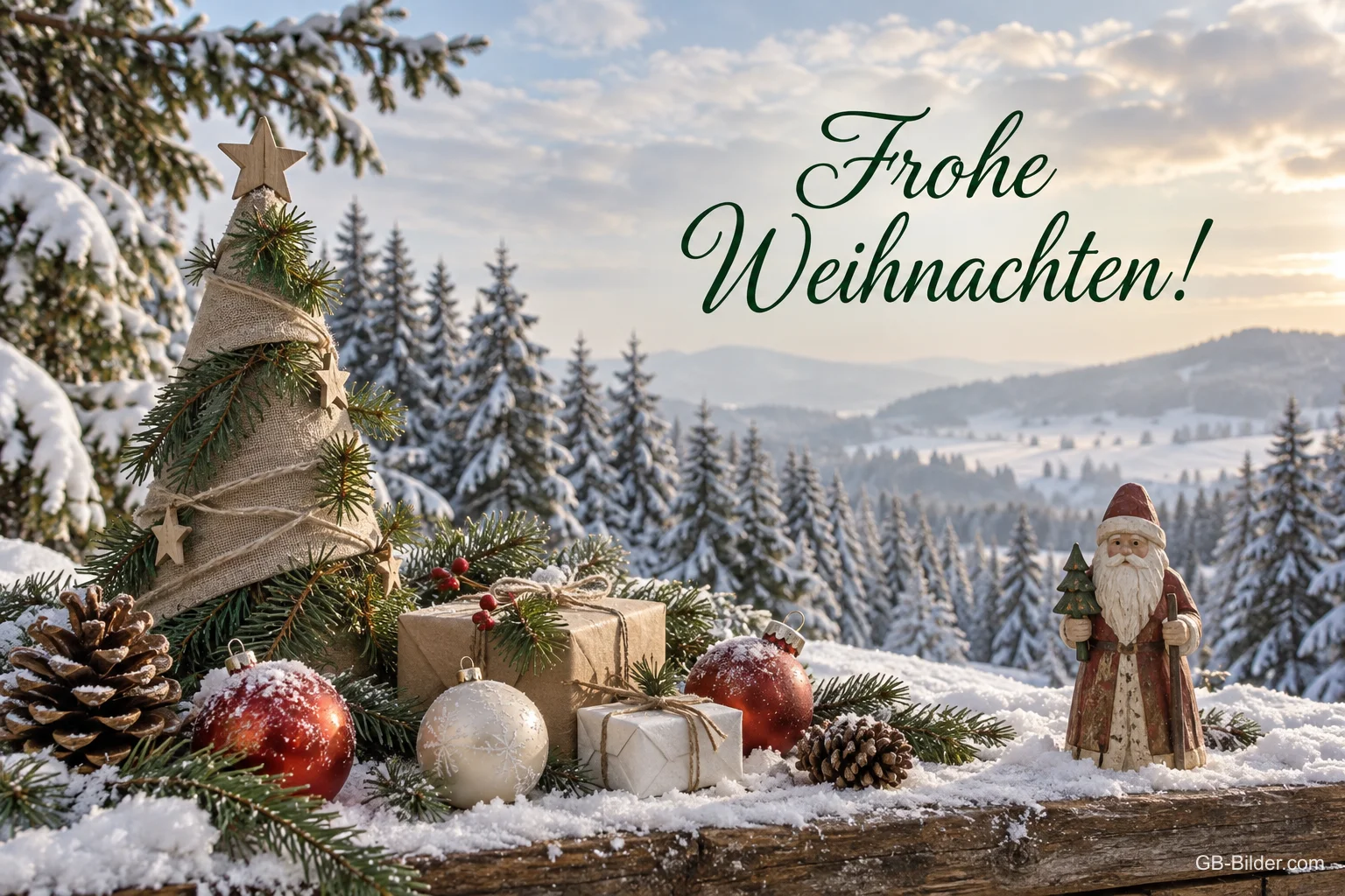 Holzbaum, Geschenke und Weihnachtsmannfigur vor verschneiten Tannen, Text: Frohe Weihnachten!