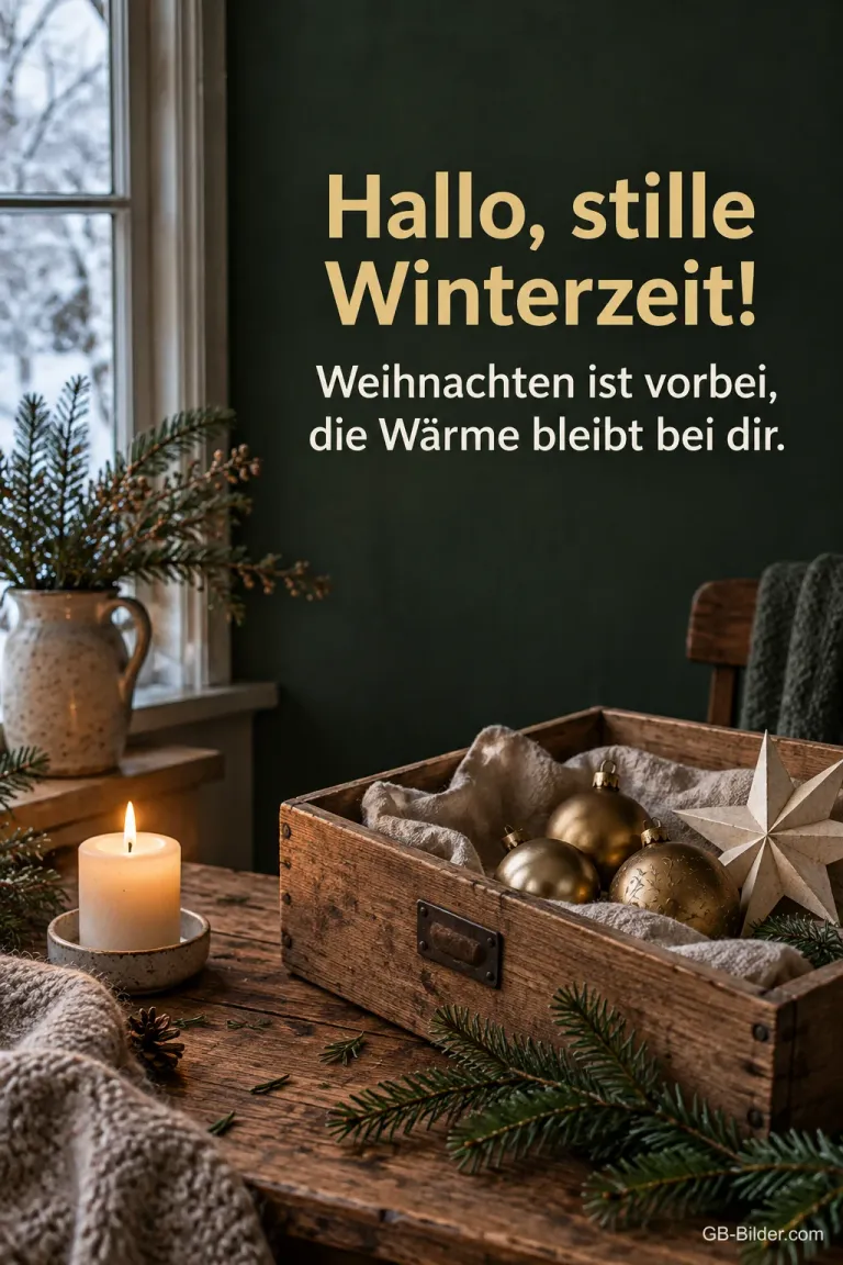 Holzkiste mit Christbaumschmuck und Kerze, Text: Hallo, stille Winterzeit! Weihnachten ist vorbei, die Wärme bleibt bei dir.