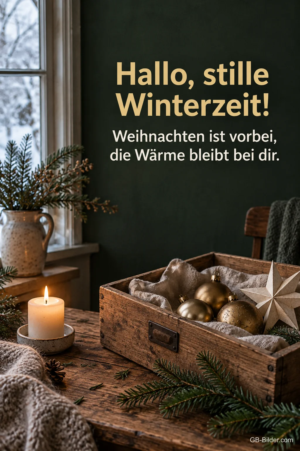 Holzkiste mit Christbaumschmuck und Kerze, Text: Hallo, stille Winterzeit! Weihnachten ist vorbei, die Wärme bleibt bei dir. Holzkiste mit Christbaumschmuck und Kerze, Text: Hallo, stille Winterzeit! Weihnachten ist vorbei, die Wärme bleibt bei dir.