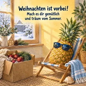 Ananas mit Sonnenbrille im Liegestuhl, Text: Weihnachten ist vorbei! Mach es dir gemütlich und träum vom Sommer.