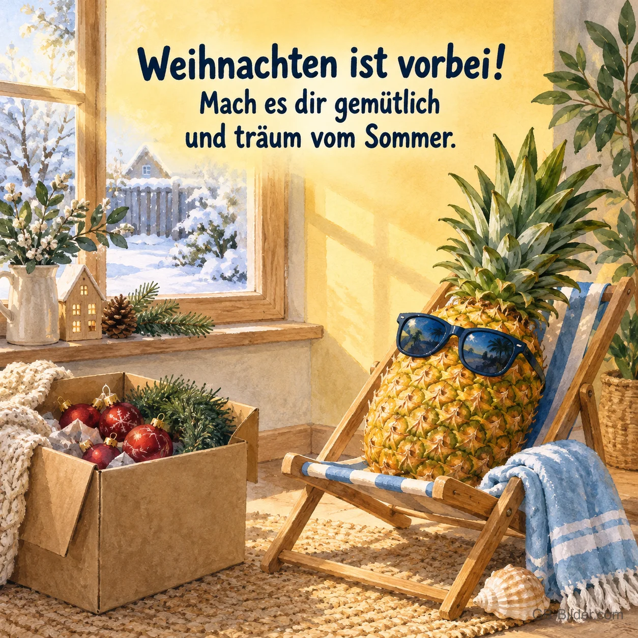 Ananas mit Sonnenbrille im Liegestuhl, Text: Weihnachten ist vorbei! Mach es dir gemütlich und träum vom Sommer. Ananas mit Sonnenbrille im Liegestuhl, Text: Weihnachten ist vorbei! Mach es dir gemütlich und träum vom Sommer.