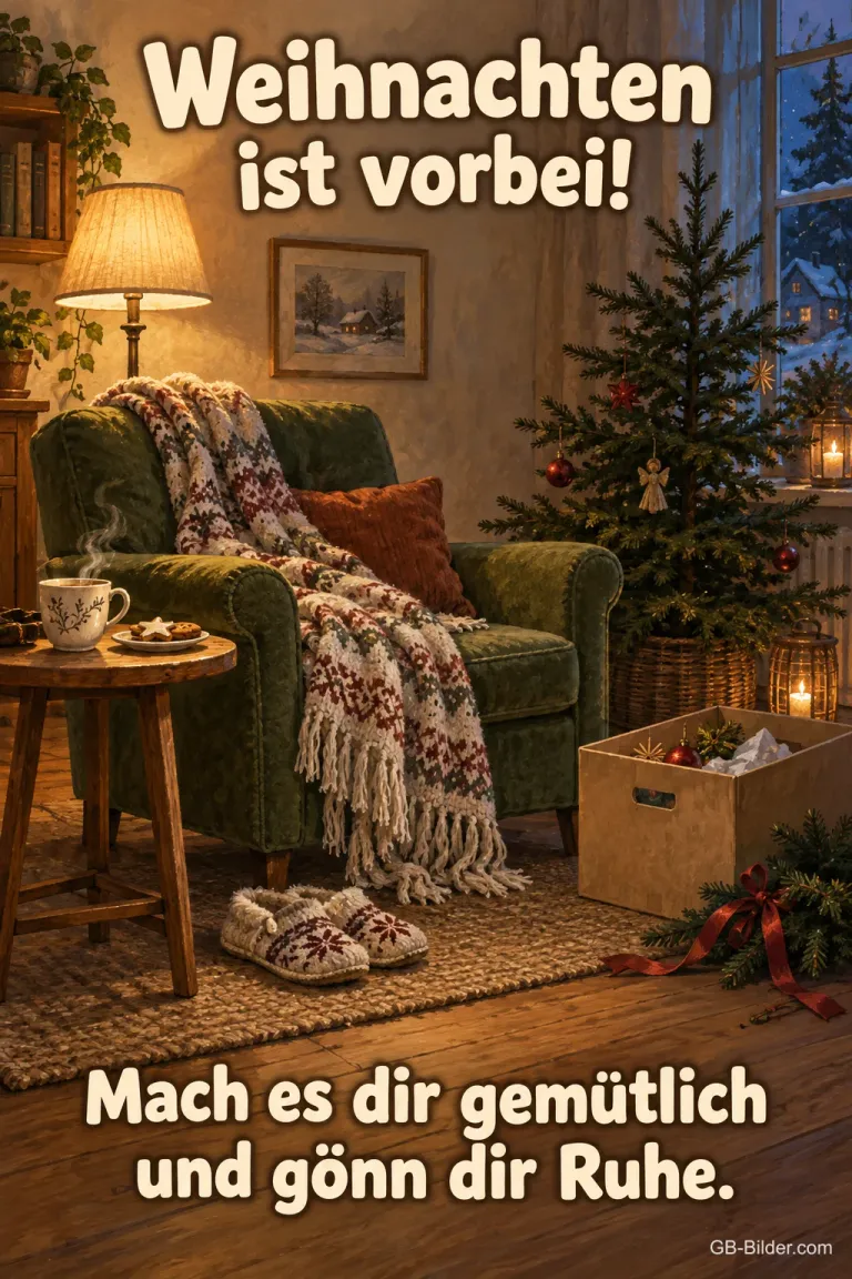 Sessel mit Decke und Hausschuhen, Text: Weihnachten ist vorbei! Mach es dir gemütlich und gönn dir Ruhe.
