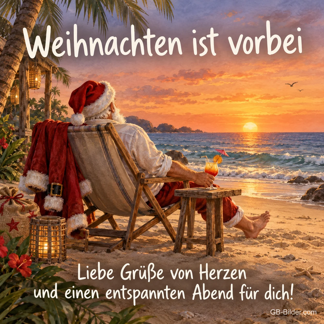 Weihnachtsmann im Liegestuhl am Strand, Text: Weihnachten ist vorbei – Liebe Grüße von Herzen Weihnachtsmann im Liegestuhl am Strand, Text: Weihnachten ist vorbei – Liebe Grüße von Herzen