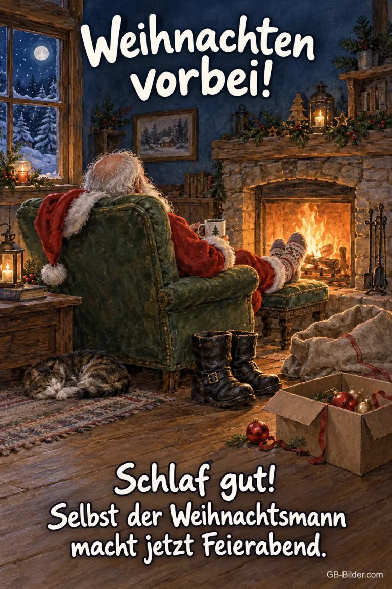 Weihnachtsmann schläft vor dem Kamin, Text: Weihnachten vorbei! Selbst der Weihnachtsmann macht jetzt Feierabend.