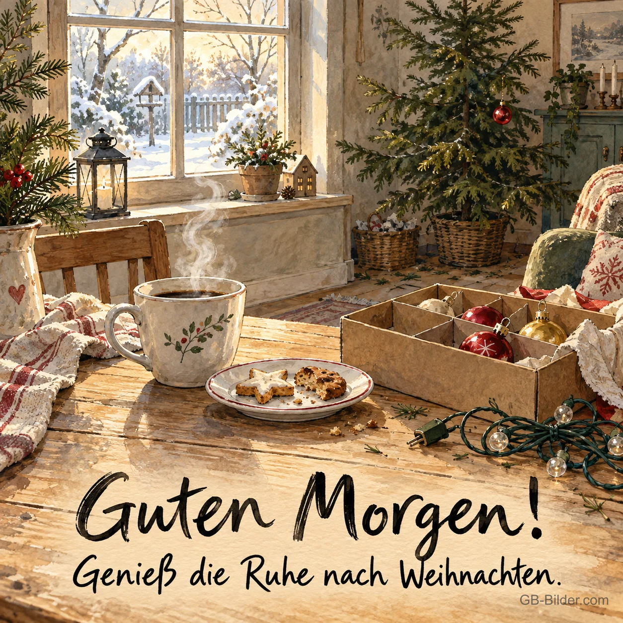 Kaffeetasse und Plätzchen neben Kiste mit Christbaumschmuck, Text: Guten Morgen! Genieß die Ruhe nach Weihnachten. Kaffeetasse und Plätzchen neben Kiste mit Christbaumschmuck, Text: Guten Morgen! Genieß die Ruhe nach Weihnachten.