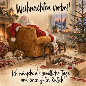 Weihnachtsmann im Sessel am Kamin mit schlafendem Hund, Text: Weihnachten vorbei! Gemütliche Tage und einen guten Rutsch!