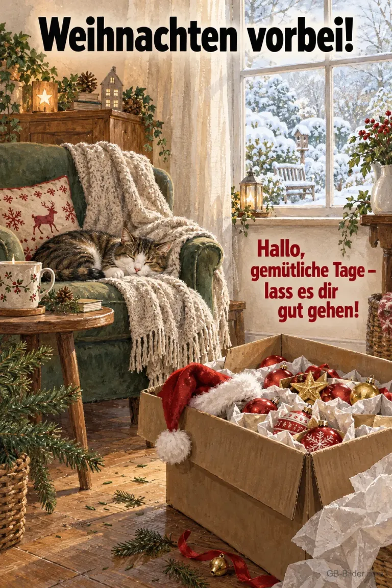 Schlafende Katze im Sessel neben Karton mit Christbaumschmuck, Text: Weihnachten vorbei! Hallo, gemütliche Tage