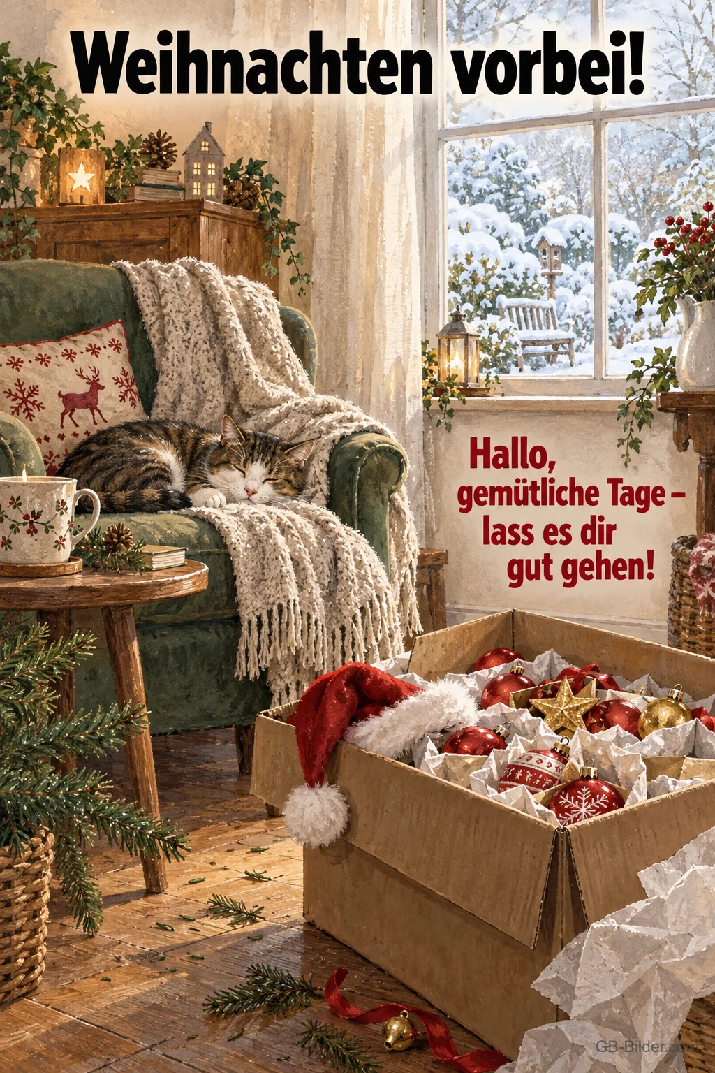 Schlafende Katze im Sessel neben Karton mit Christbaumschmuck, Text: Weihnachten vorbei! Hallo, gemütliche Tage Schlafende Katze im Sessel neben Karton mit Christbaumschmuck, Text: Weihnachten vorbei! Hallo, gemütliche Tage